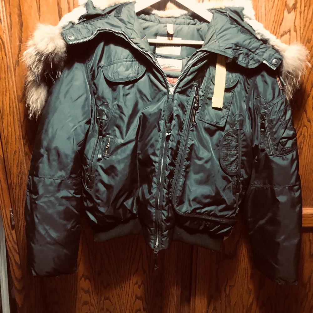 Parajumpers Jacket Mens Sz XL Black Fur Trim Hood Down feather Slim cut 22” p2p